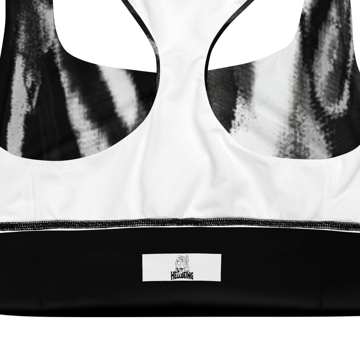 Hellbeing grayscale 2.0 longline sports bra, inside label detail