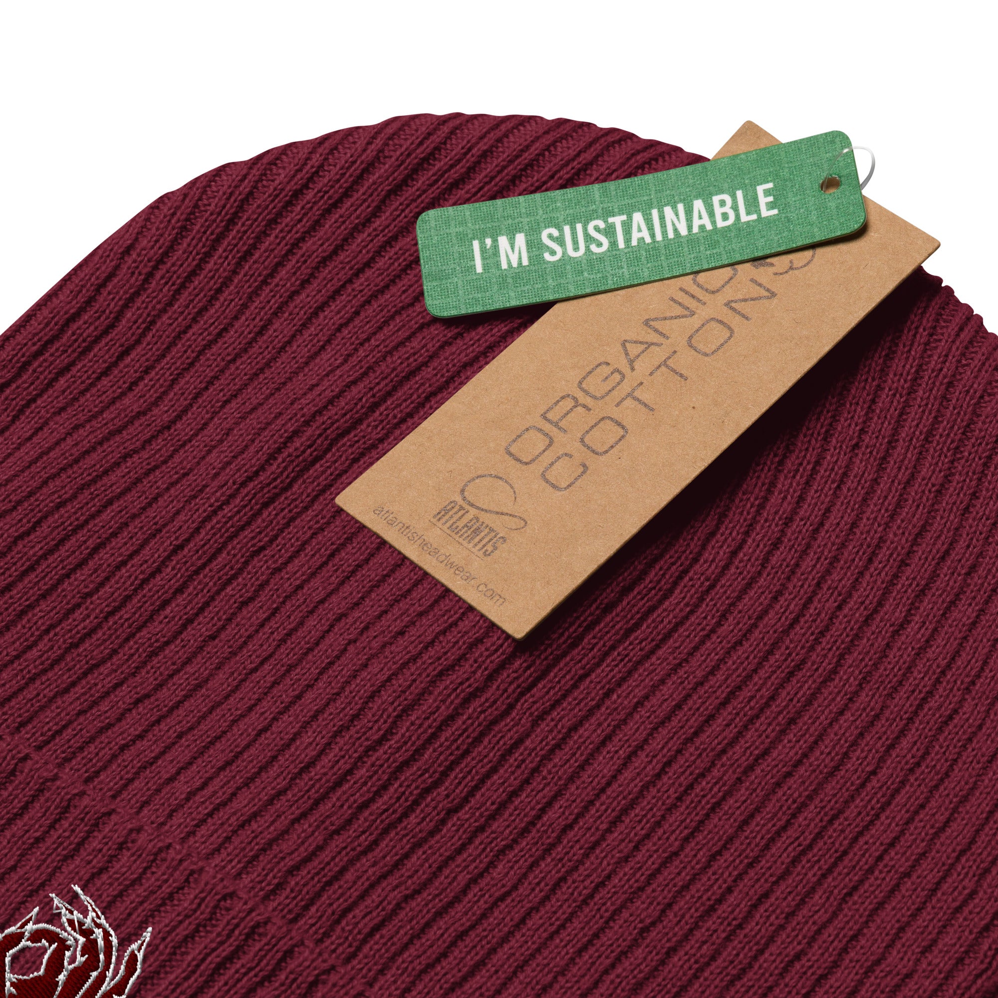Hellbeing skull logo organic ribbed beanie in burgundy, cuff detail