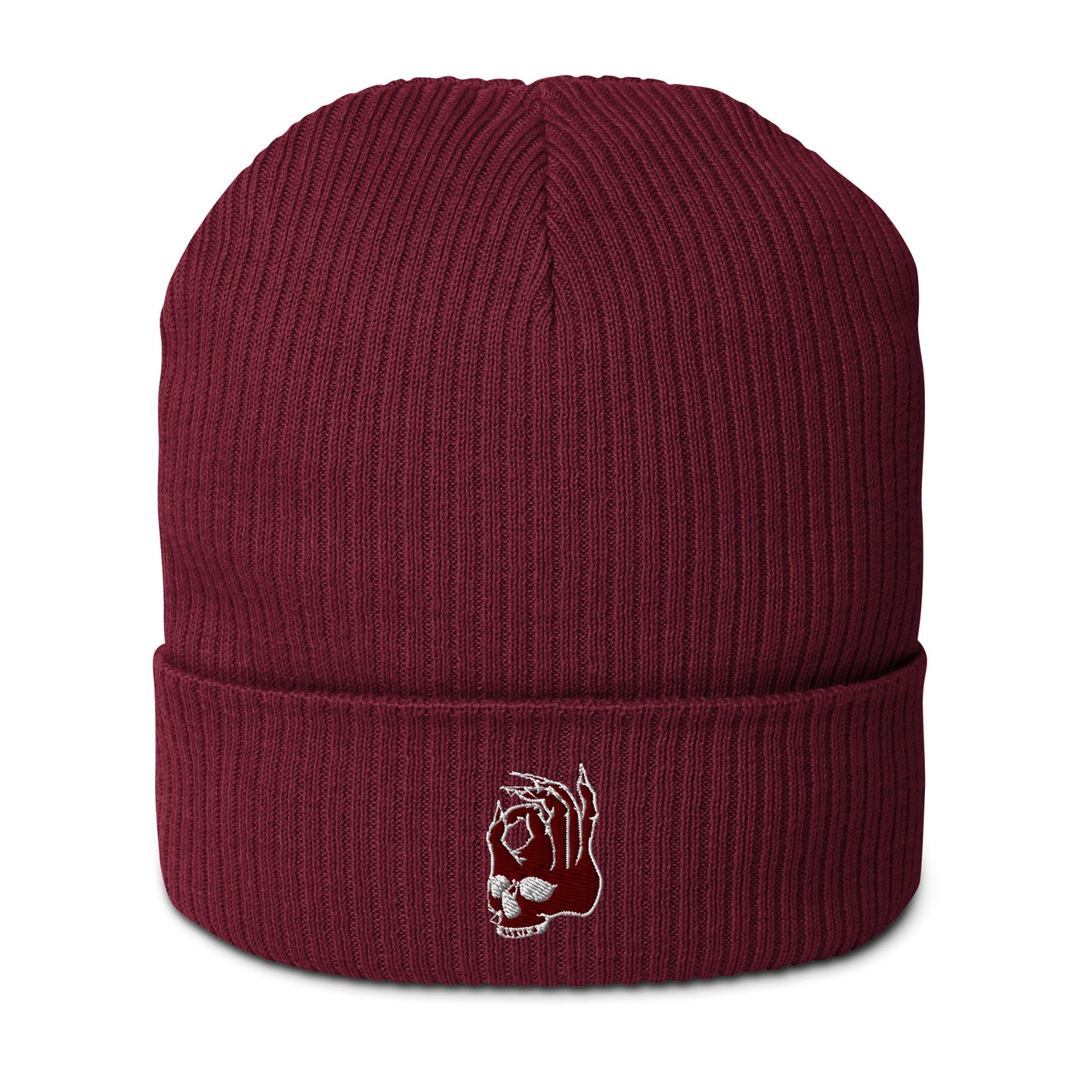 Hellbeing embroidered skull logo burgundy organic skull cap beanie front view