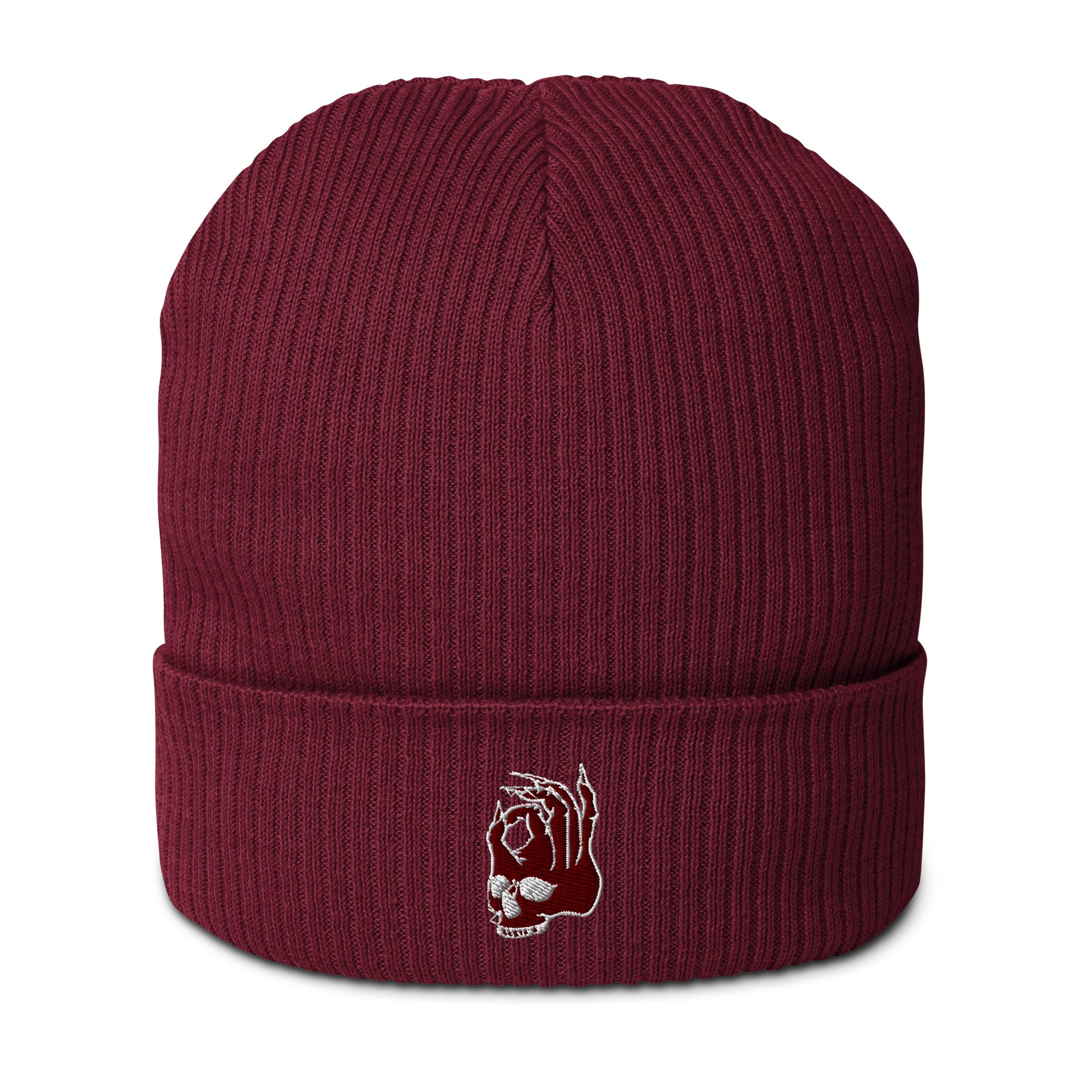 Hellbeing embroidered skull logo burgundy organic skull cap beanie front view