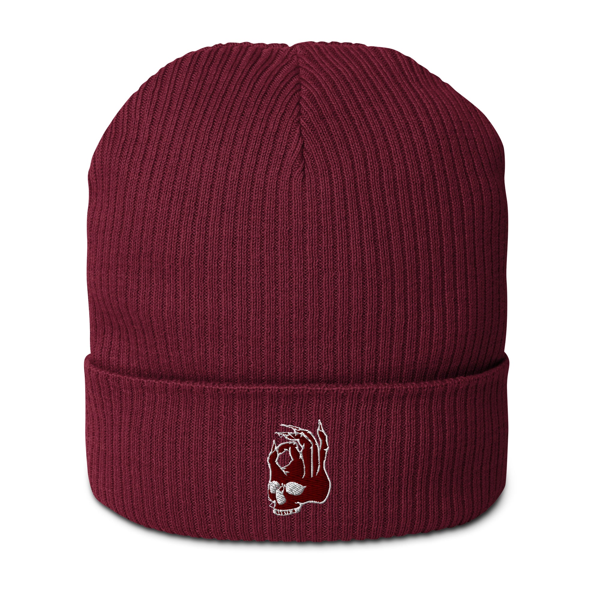 Hellbeing skull logo organic ribbed beanie in burgundy, front view