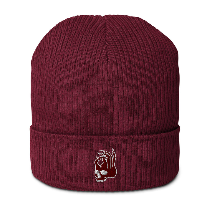 Hellbeing skull logo organic ribbed beanie in burgundy, front view