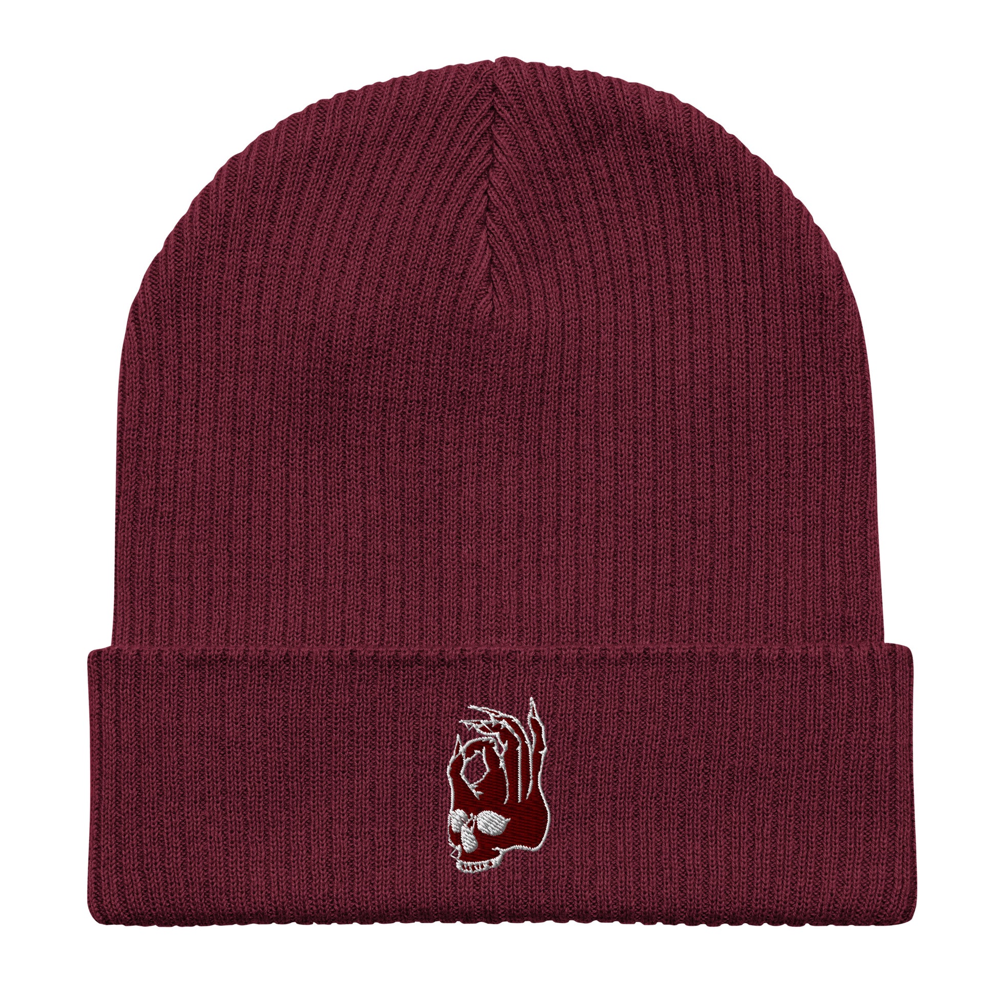 Hellbeing embroidered skull logo burgundy organic skull cap beanie front view