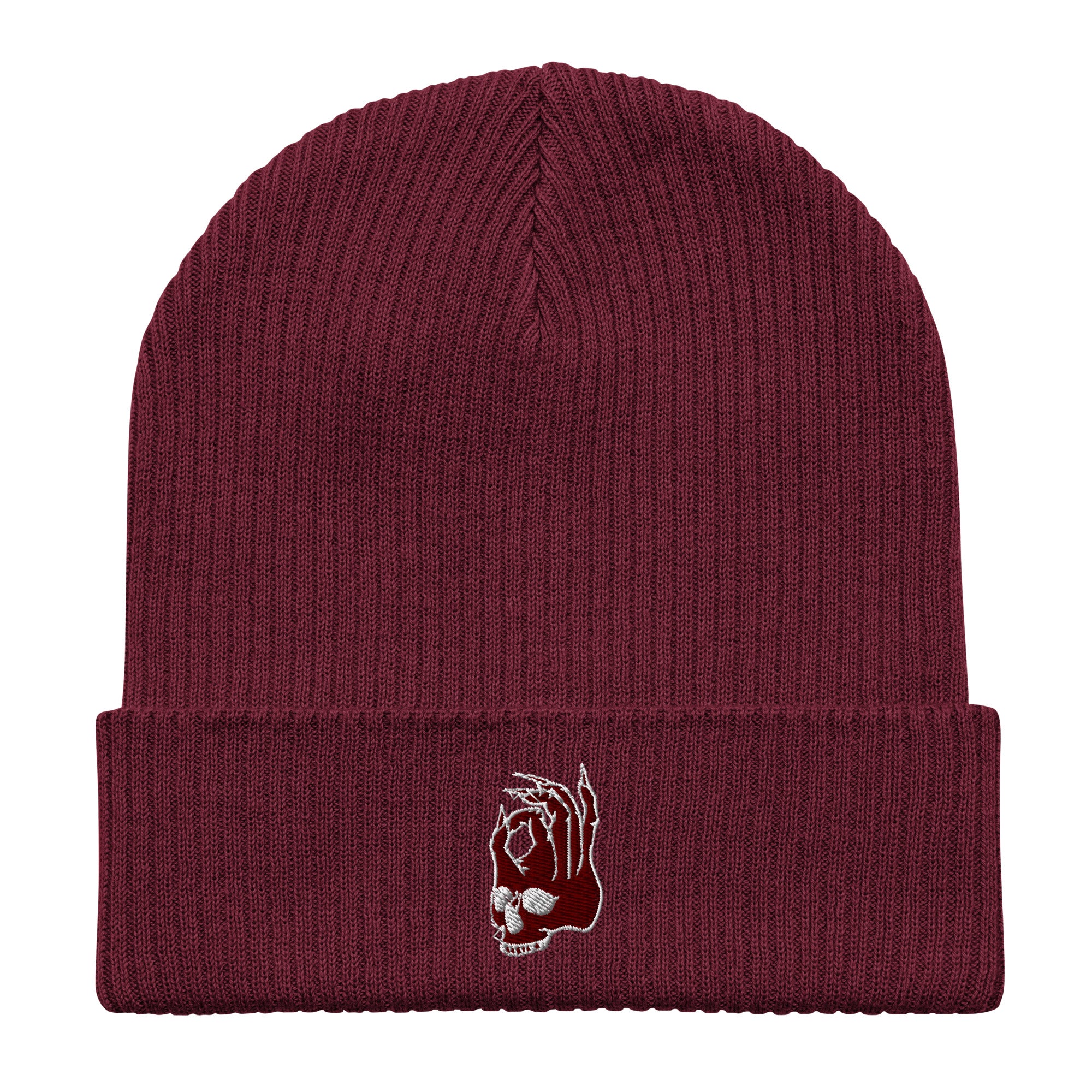 Hellbeing skull logo organic ribbed beanie in burgundy, alternate front view