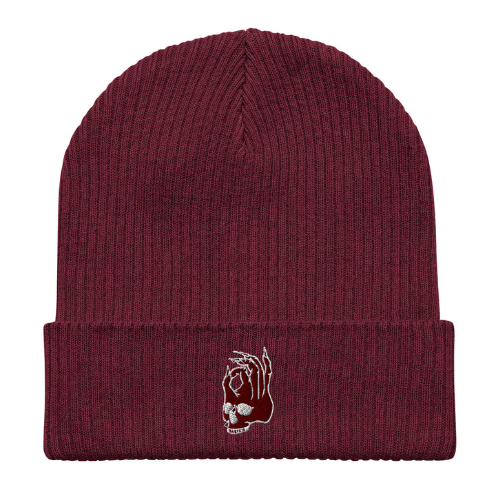 Hellbeing skull logo organic ribbed beanie in burgundy, alternate front view