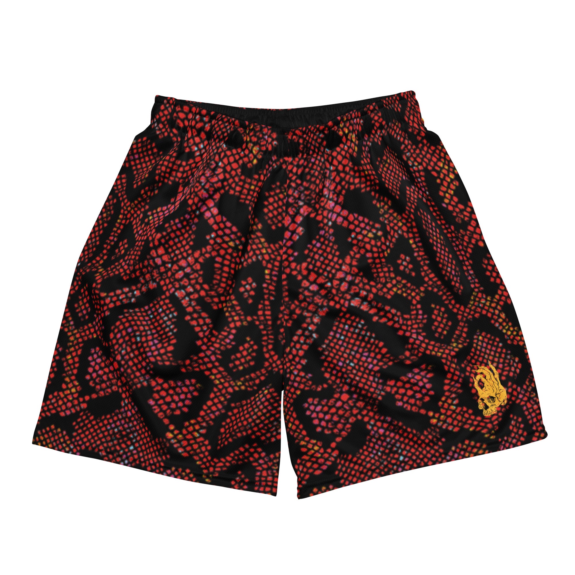 Hellbeing serpent snakeskin mesh gym shorts, front view