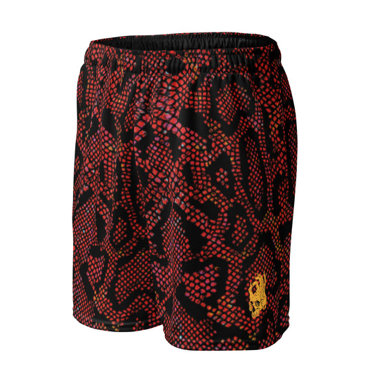 Front side view of the Hellbeing recycled mesh shorts in burgundy snakeskin