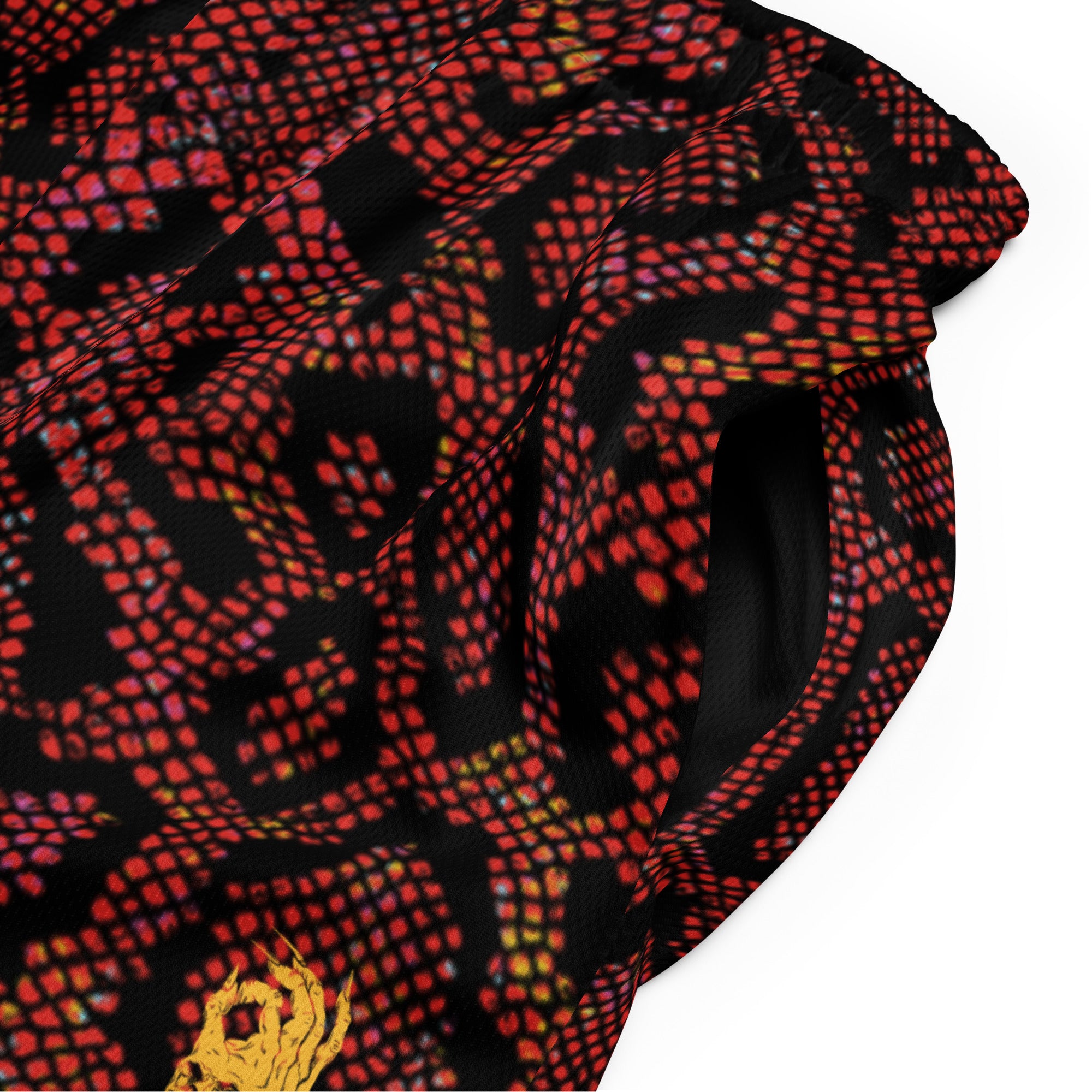 Hellbeing serpent snakeskin mesh gym shorts, fabric detail