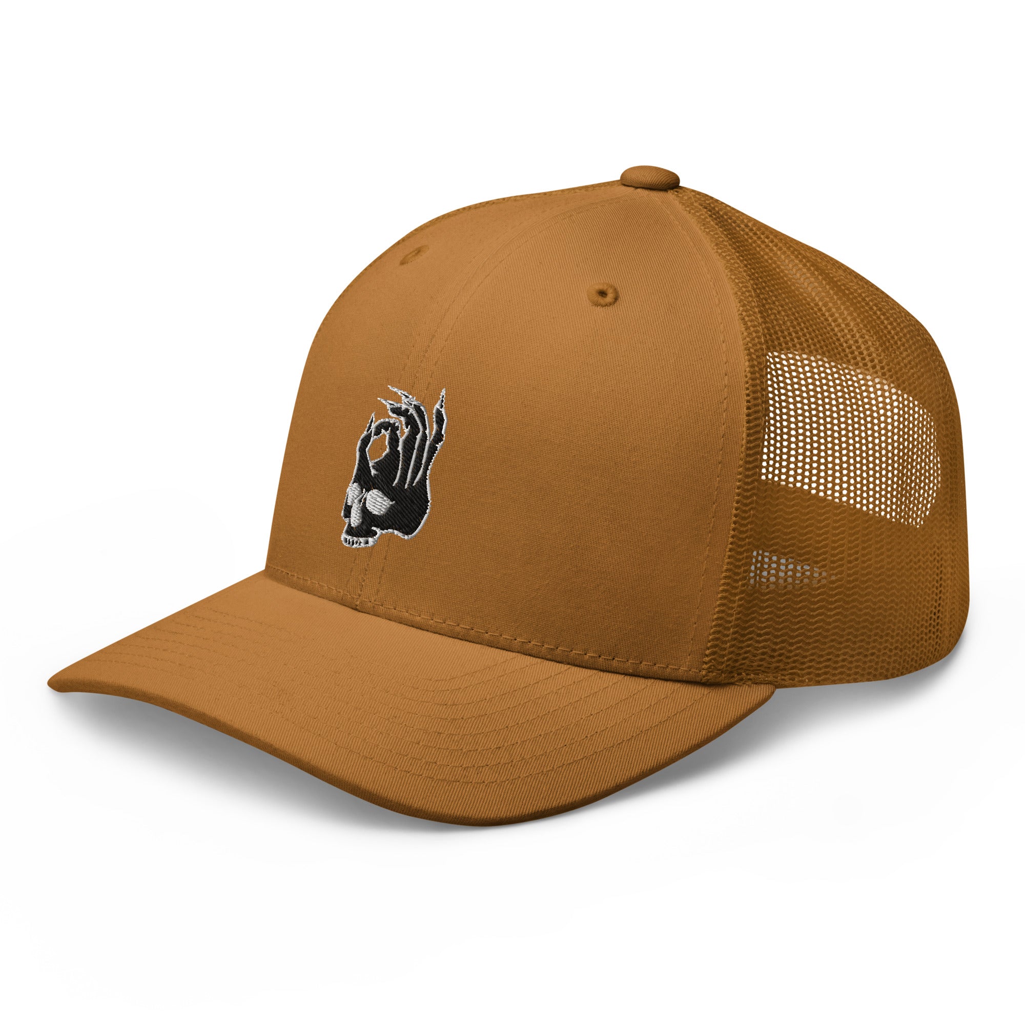 Left front view of Hellbeing skull embroidered brown trucker hat