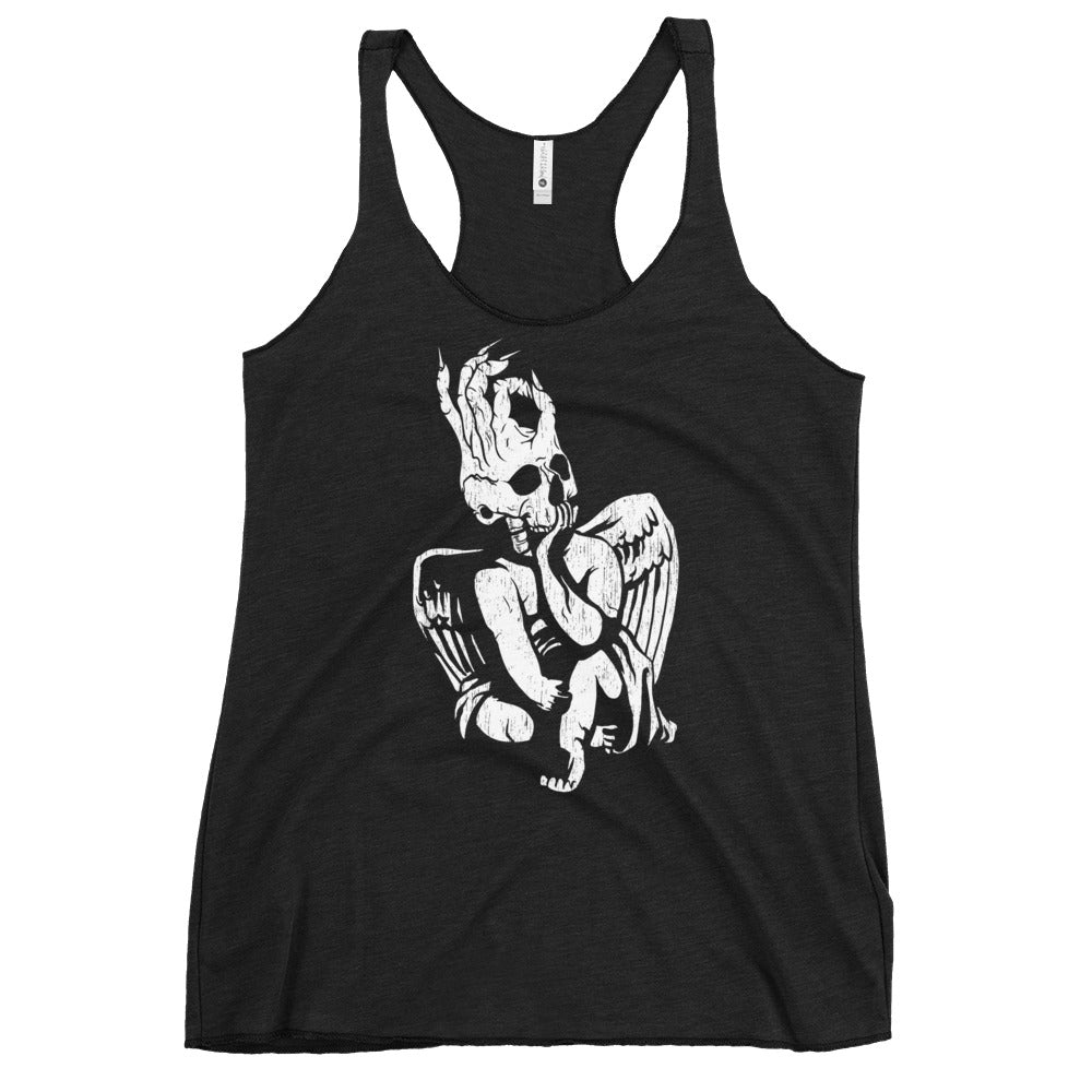 Front view of the Hellbeing Skull Cherub on a women's charcoal vintage racerback tank top
