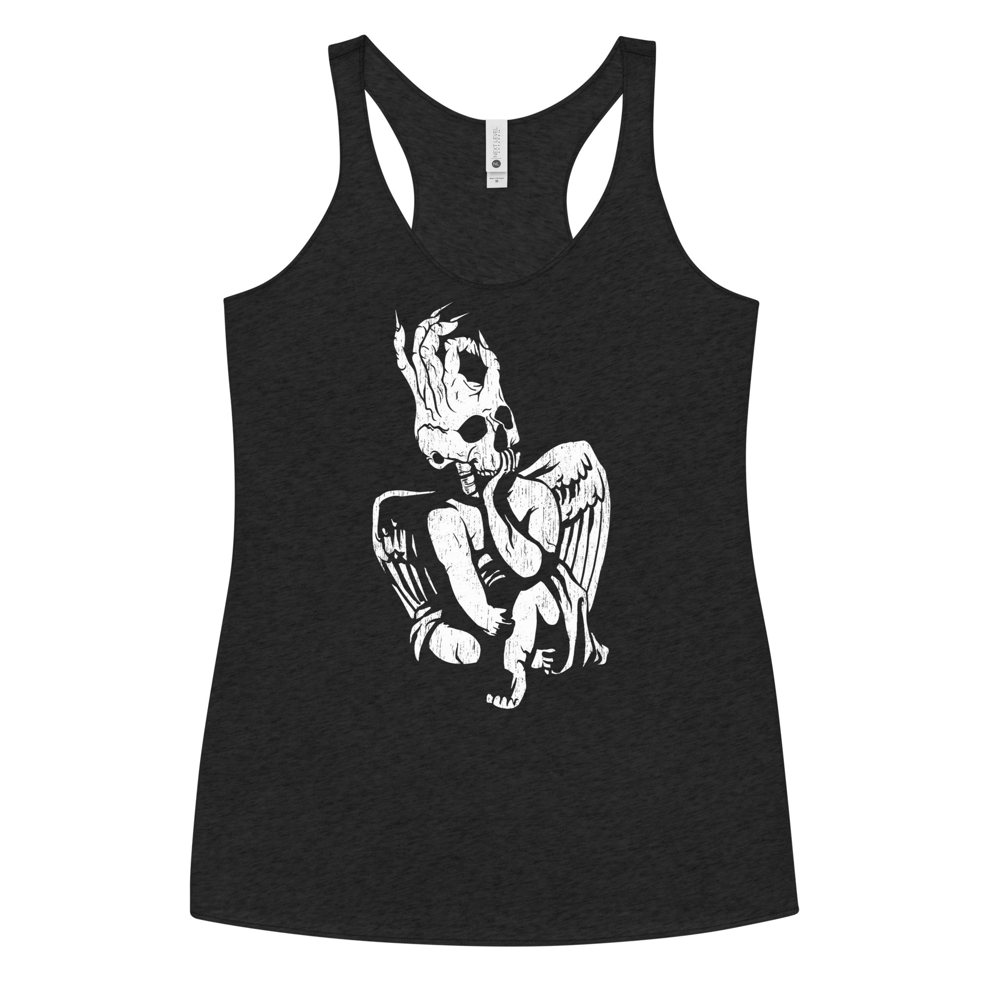 Front view of the Hellbeing Skull Cherub on a women's charcoal vintage racerback tank top