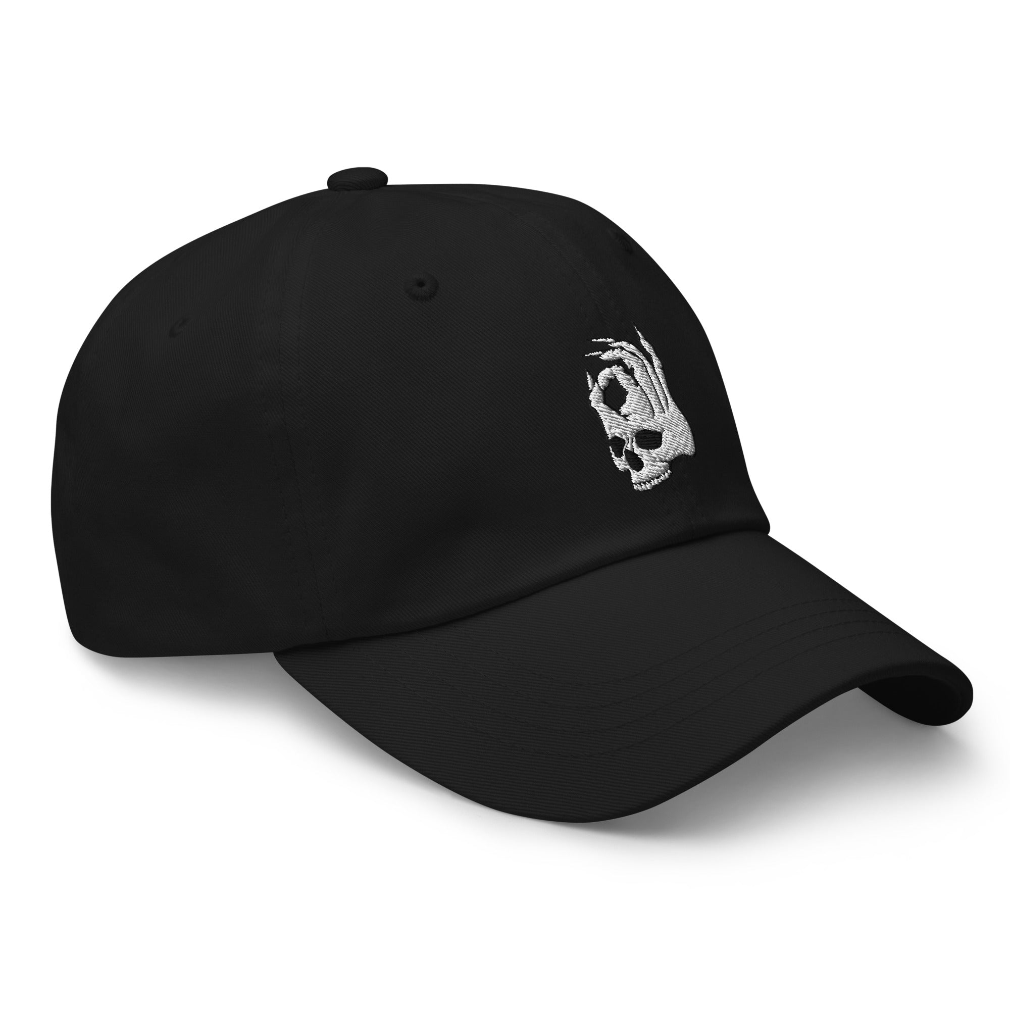 Hellbeing skull black dad hat, front angle view