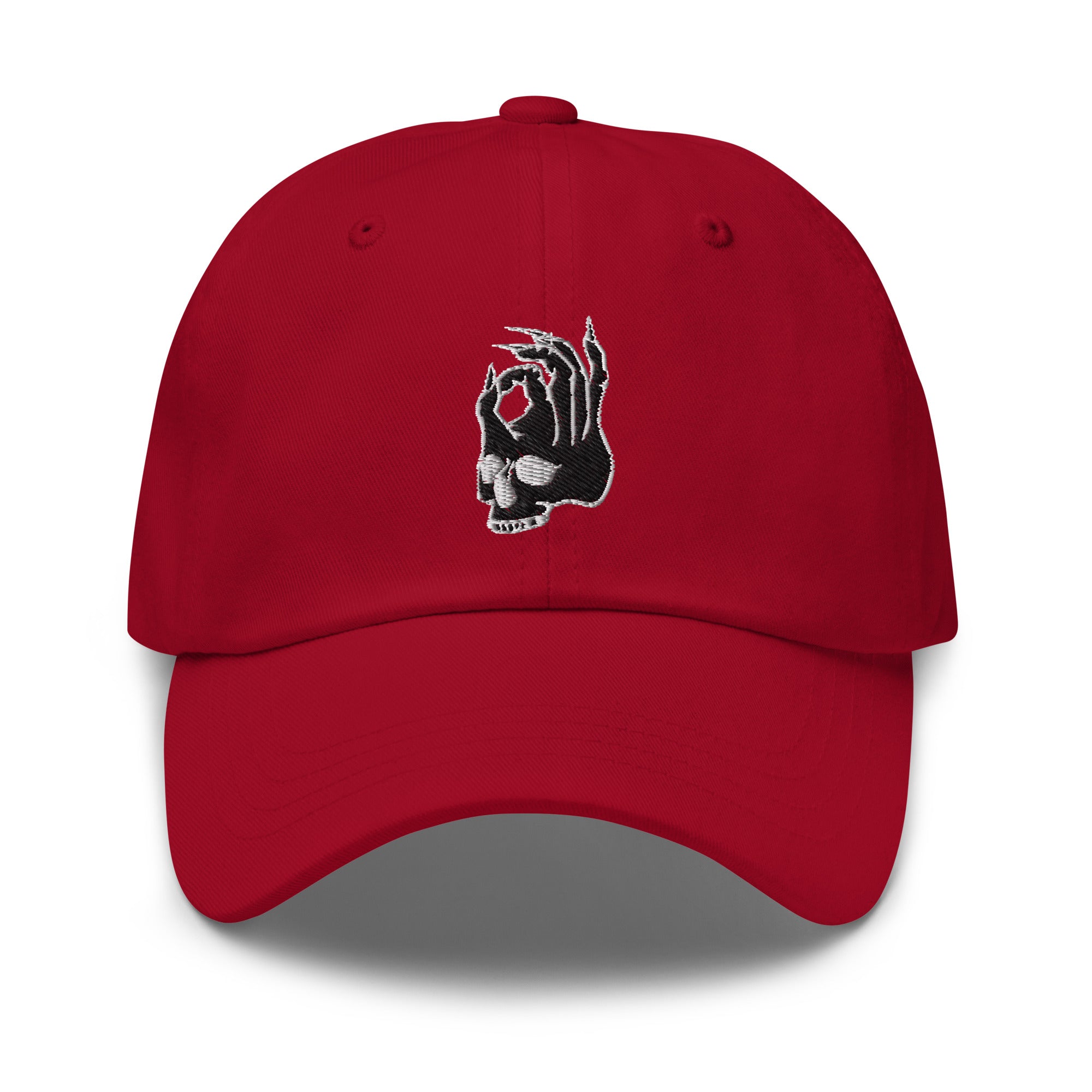 Hellbeing skull red dad hat, front view