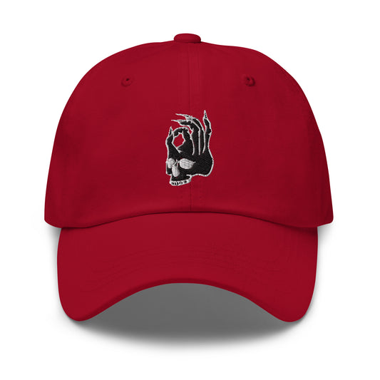 Hellbeing skull red dad hat, front view