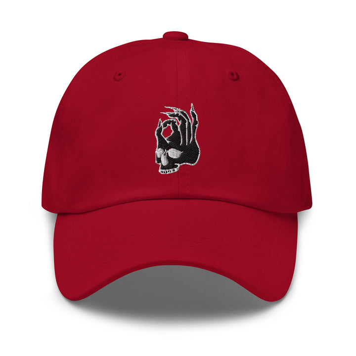 Hellbeing skull red dad hat, front view