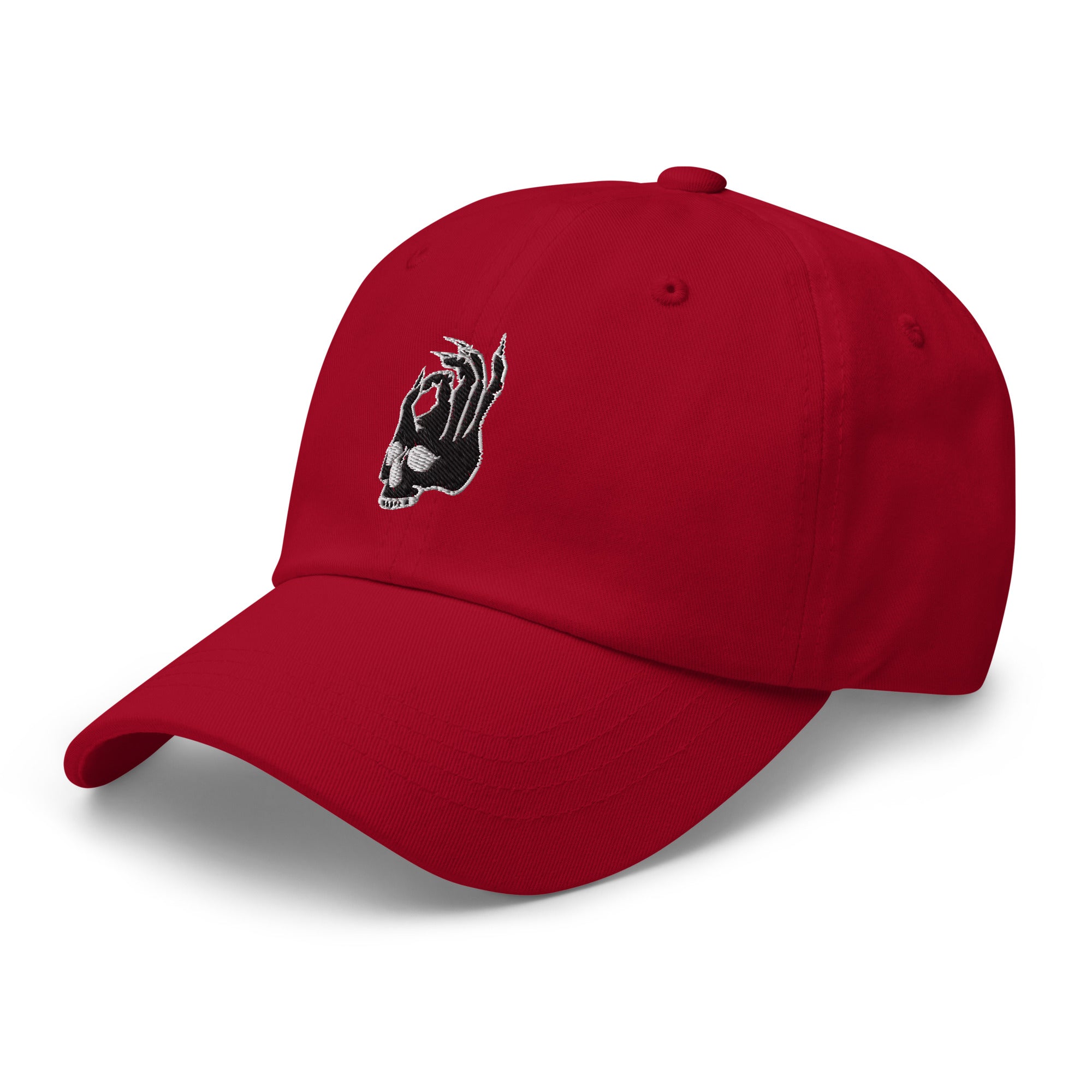 Hellbeing skull red dad hat, alternate front view