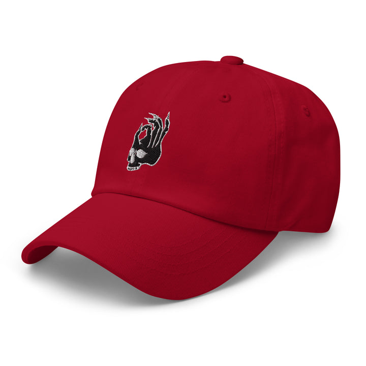 Hellbeing skull red dad hat, alternate front view