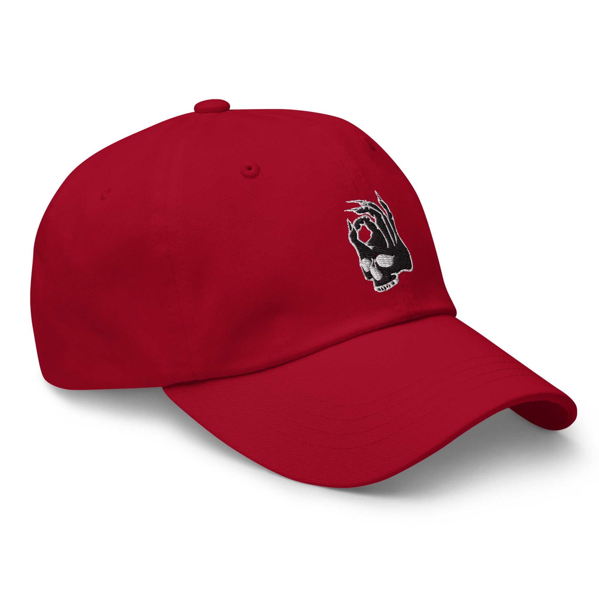 Hellbeing skull red dad hat, front angle view