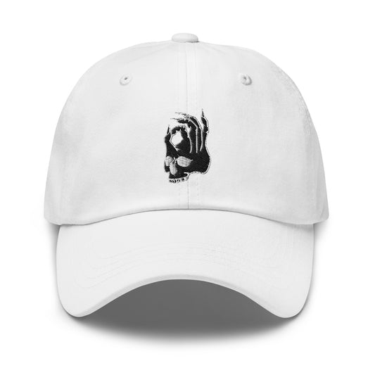 Hellbeing skull white dad hat, front view