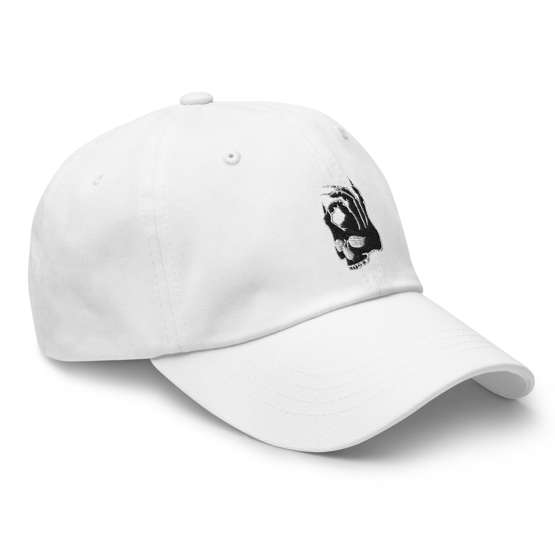 Front view of the Hellbeing skull embroidered white classic dad hat