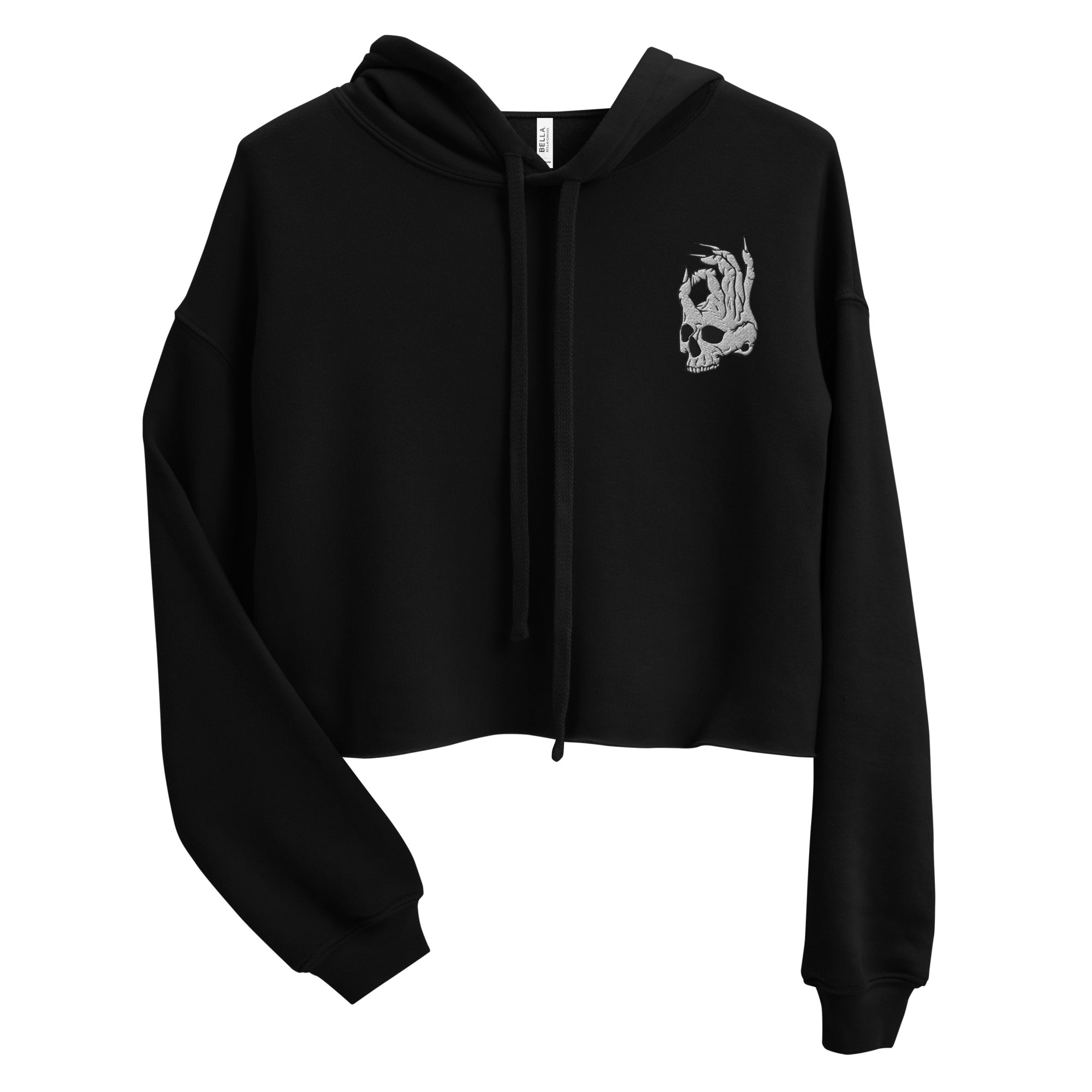 Hellbeing embroidered skull cropped hoodie in black, front view