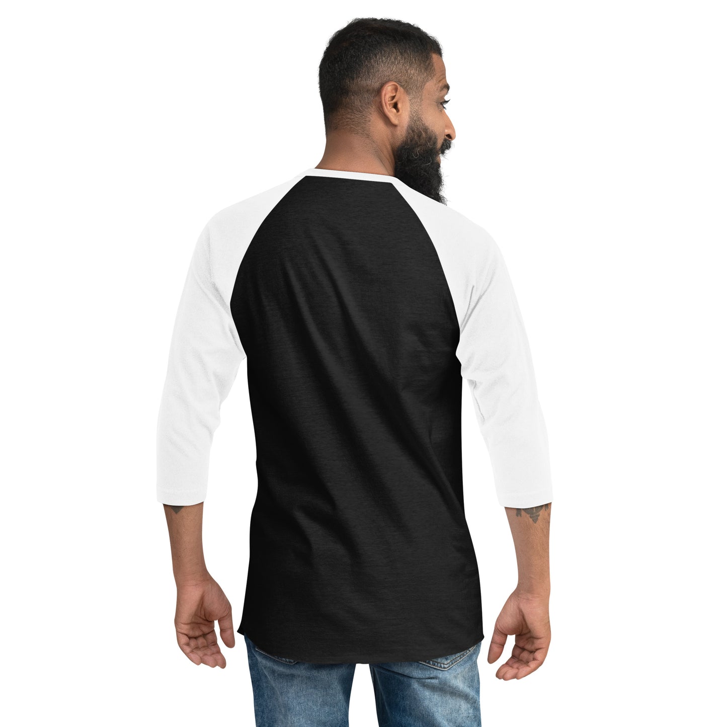 Hellbeing skull logo 3/4 sleeve raglan shirt in black and white from a back view