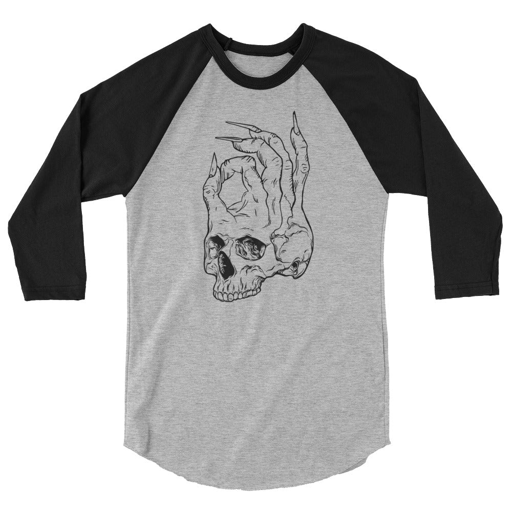 Hellbeing skull logo 3/4 sleeve raglan shirt in black and grey from a front view