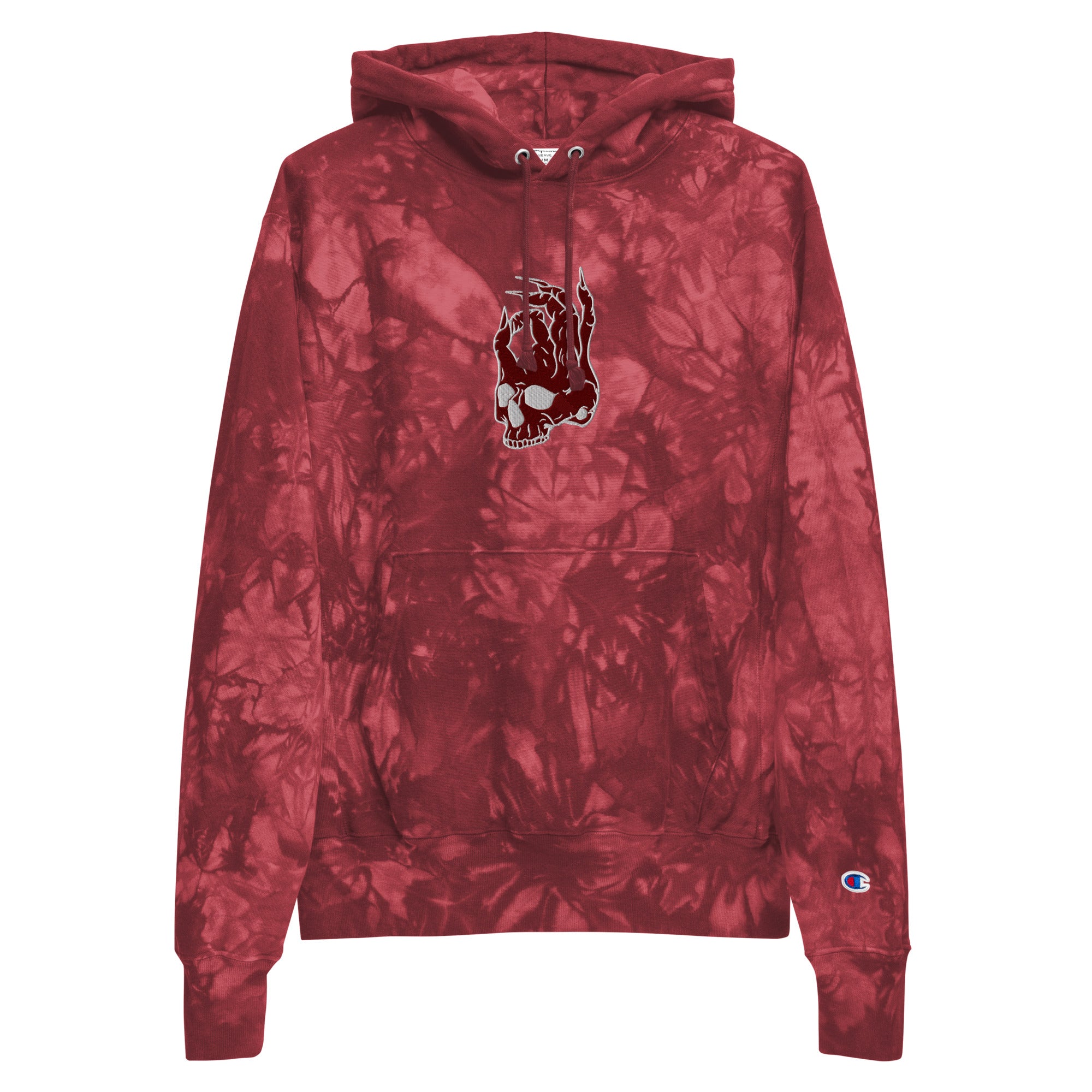Hellbeing skull Champion tie-dye hoodie in mulled berry, front view