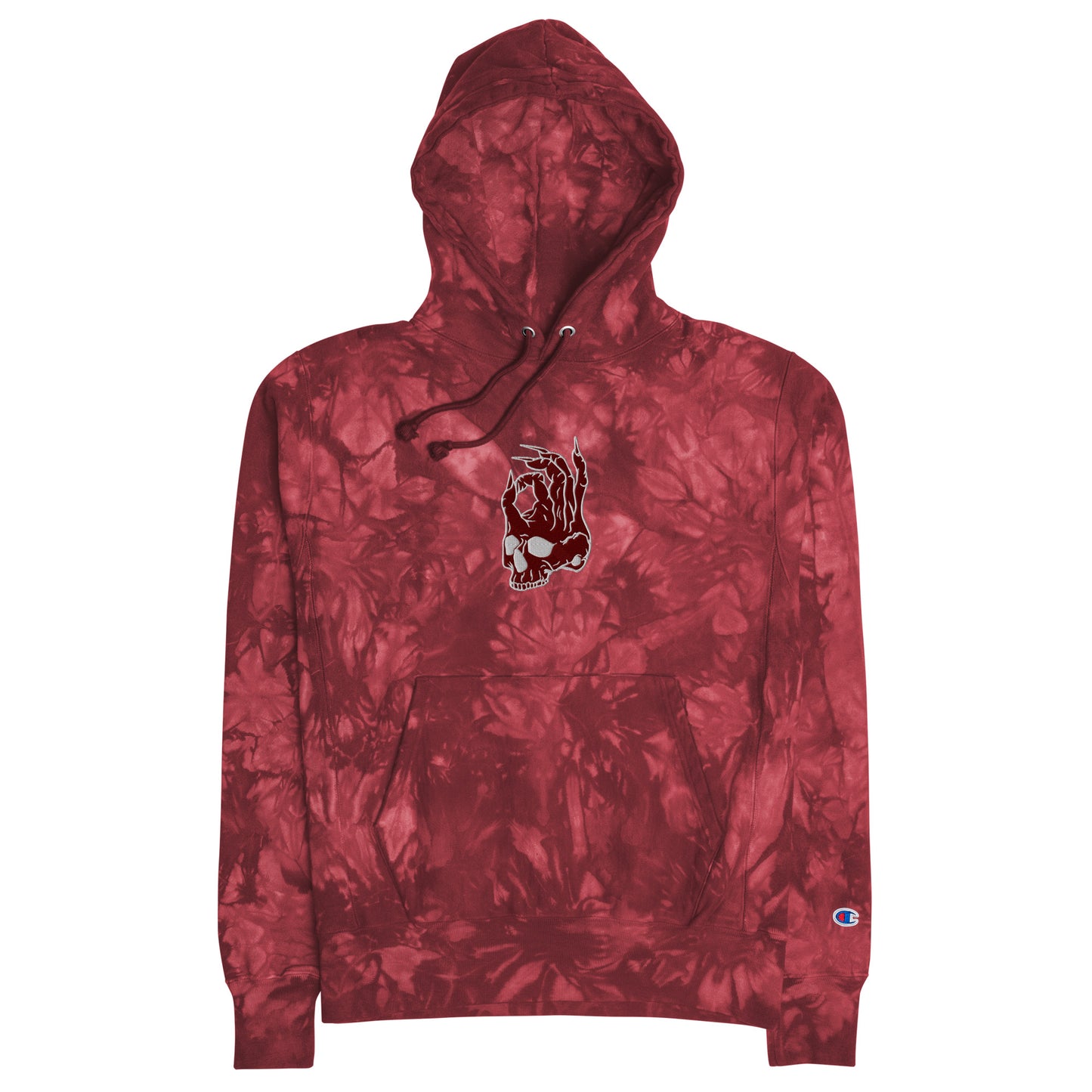 Hellbeing embroidered skull logo Champion tie-dye hoodie in mulled berry laying flat