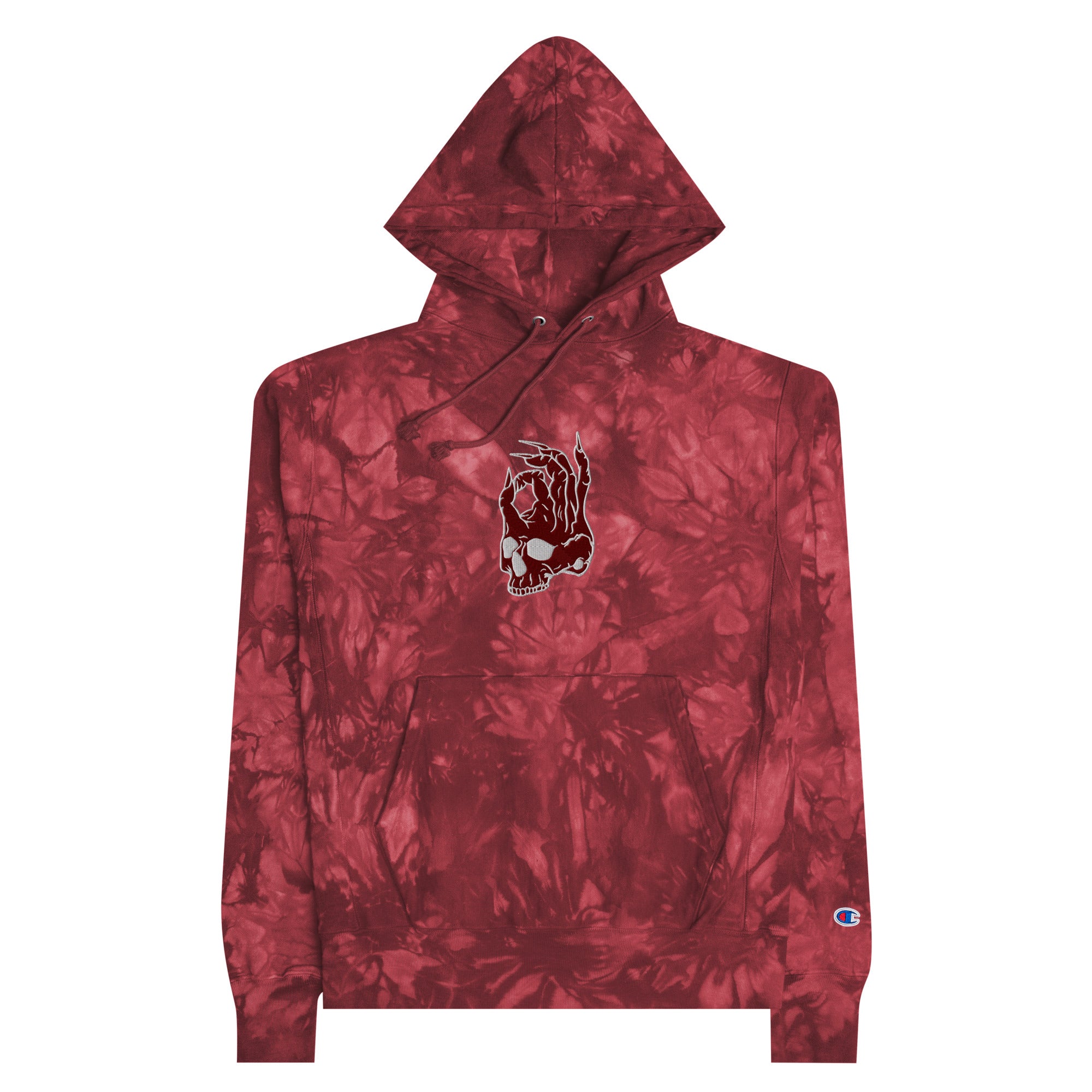 Hellbeing skull Champion tie-dye hoodie in mulled berry, alternate front view