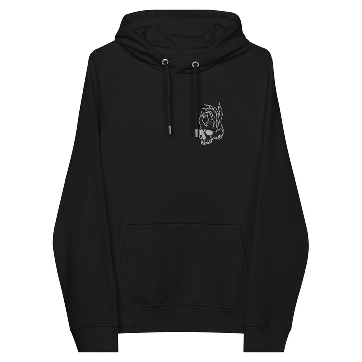 Hellbeing embroidered skull eco raglan hoodie in black, front view