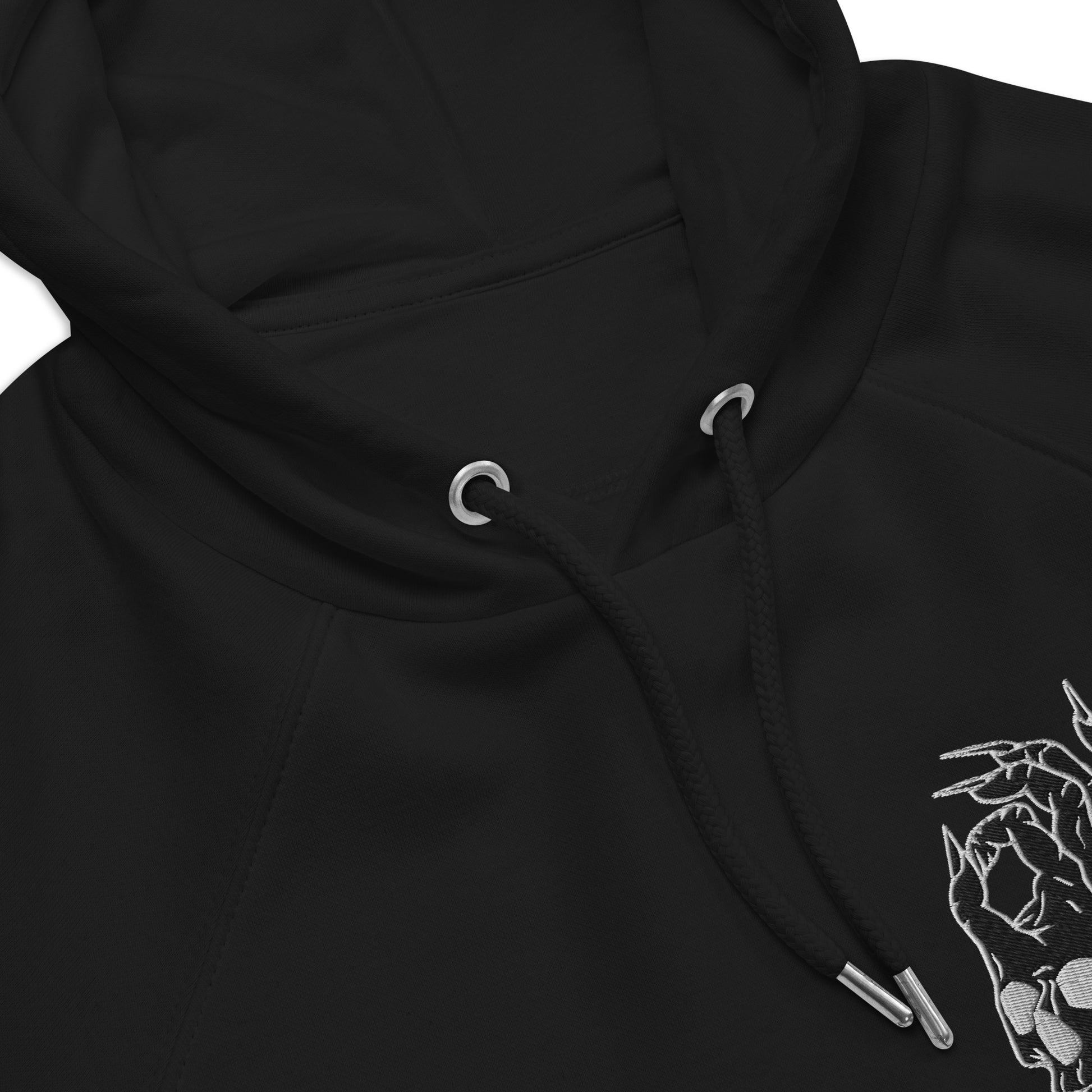 Hellbeing embroidered skull logo eco raglan hoodie in black zoomed in