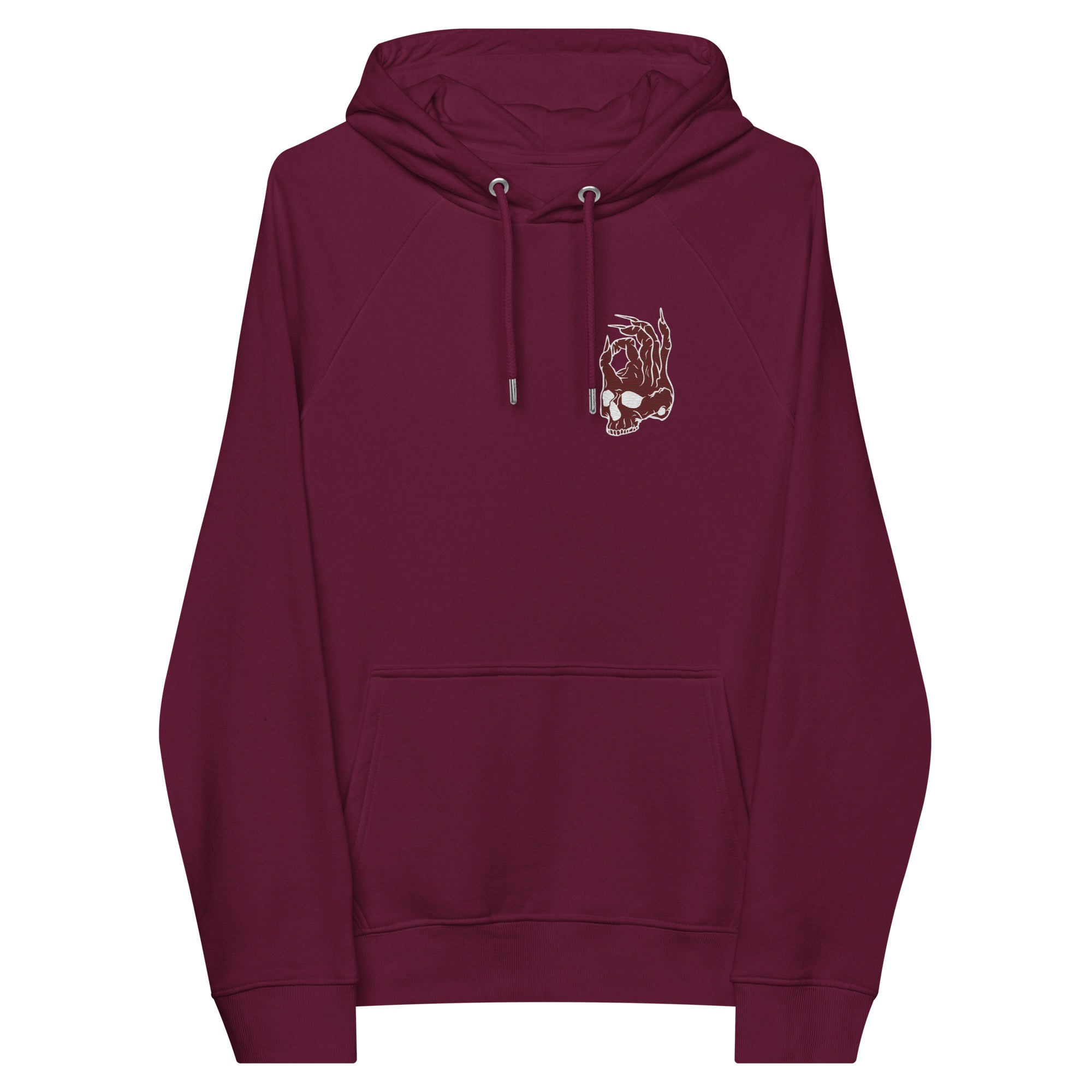 Hellbeing embroidered skull eco raglan hoodie in burgundy, front view