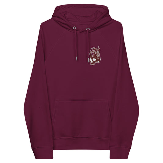 Hellbeing embroidered skull logo eco raglan hoodie in burgundy front view