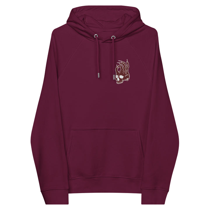 Hellbeing embroidered skull eco raglan hoodie in burgundy, front view