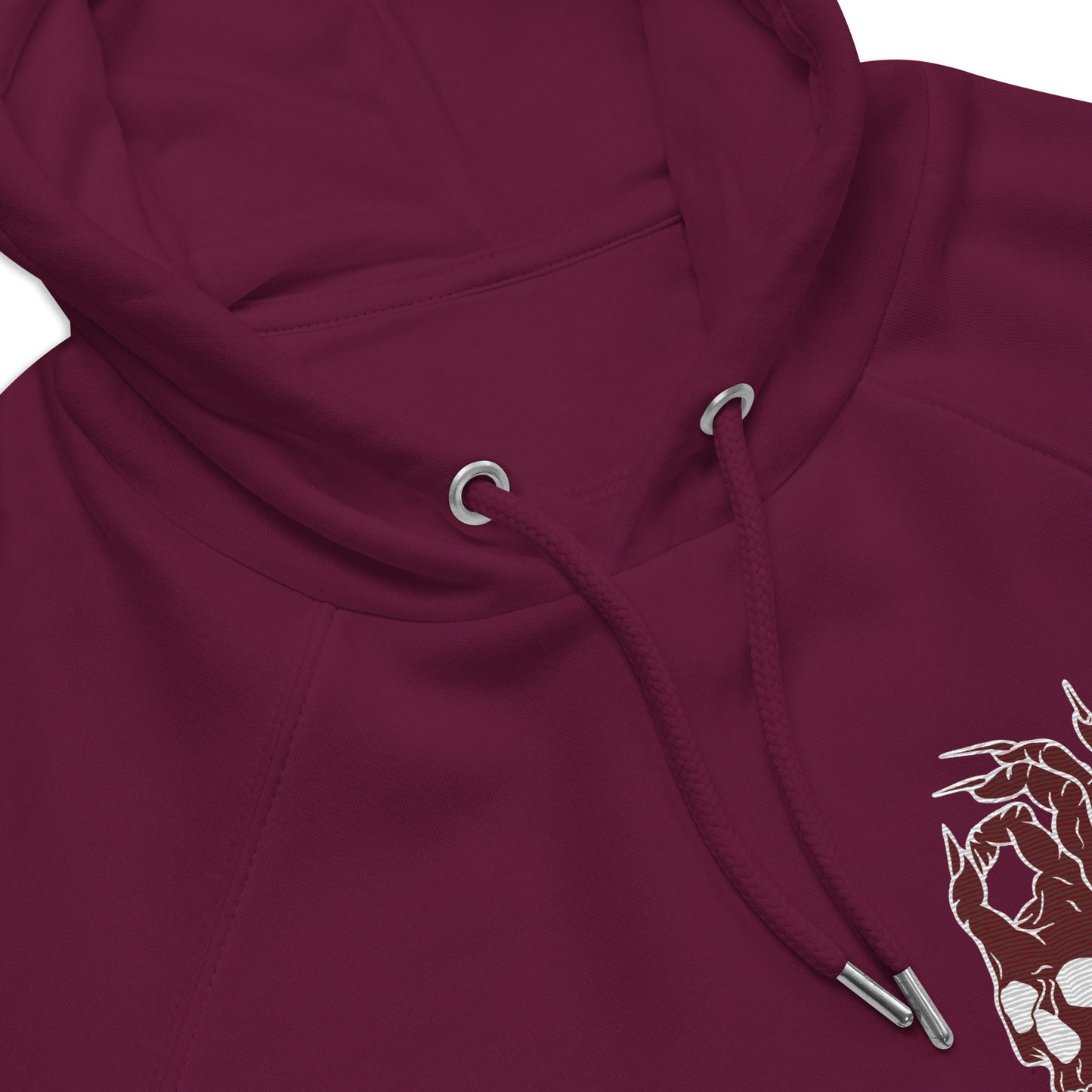 Hellbeing embroidered skull logo eco raglan hoodie in burgundy zoomed in