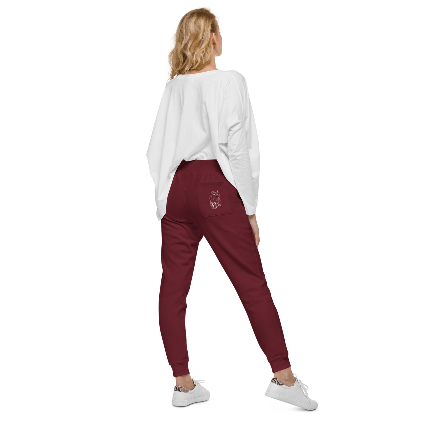 Hellbeing skull logo back of burgundy fleece sweatpants