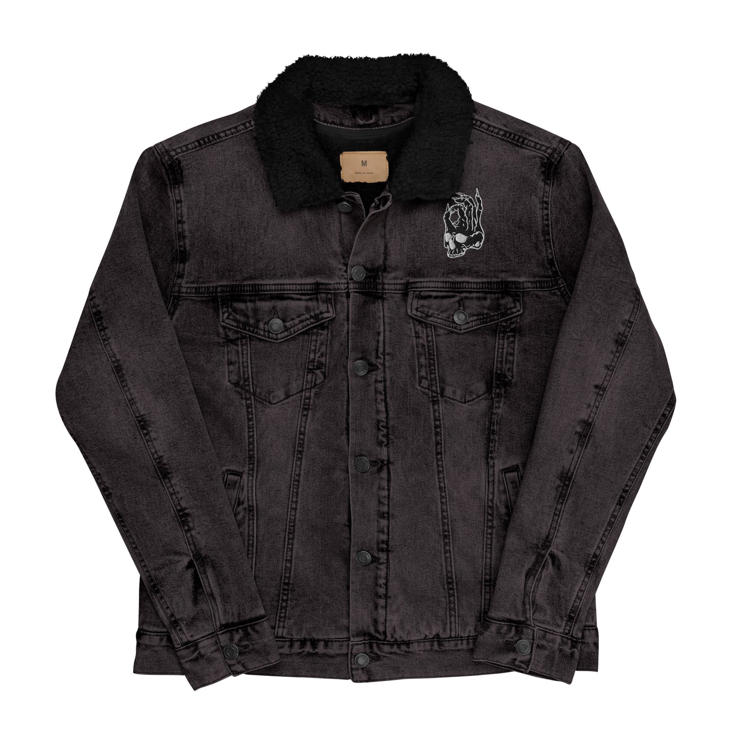 Hellbeing embroidered skull logo sherpa lined black denim jacket from the front