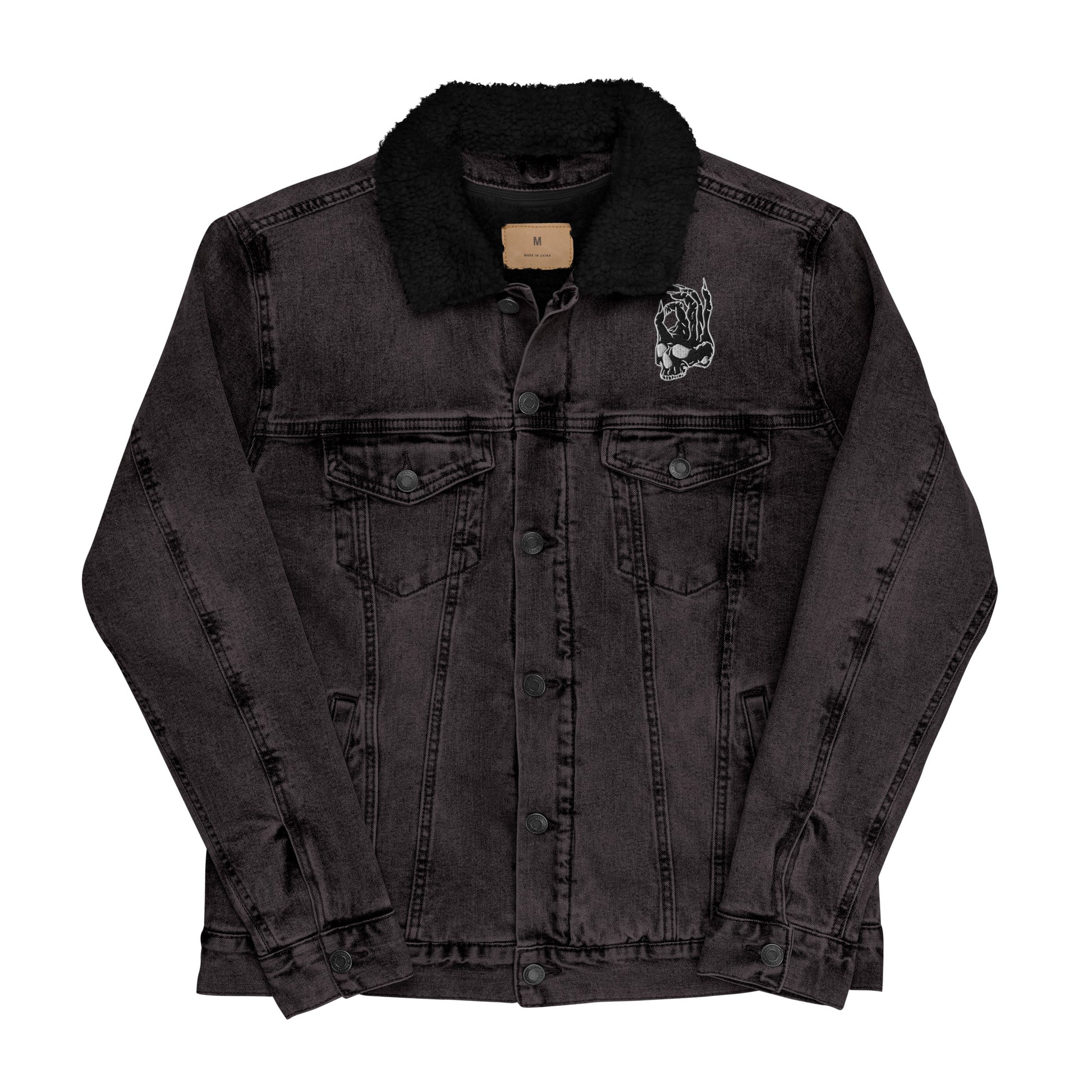 Hellbeing embroidered skull logo sherpa lined black denim jacket from the front