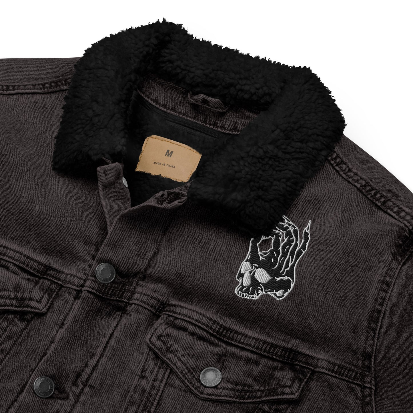 Hellbeing embroidered skull logo sherpa lined black denim jacket zoomed in