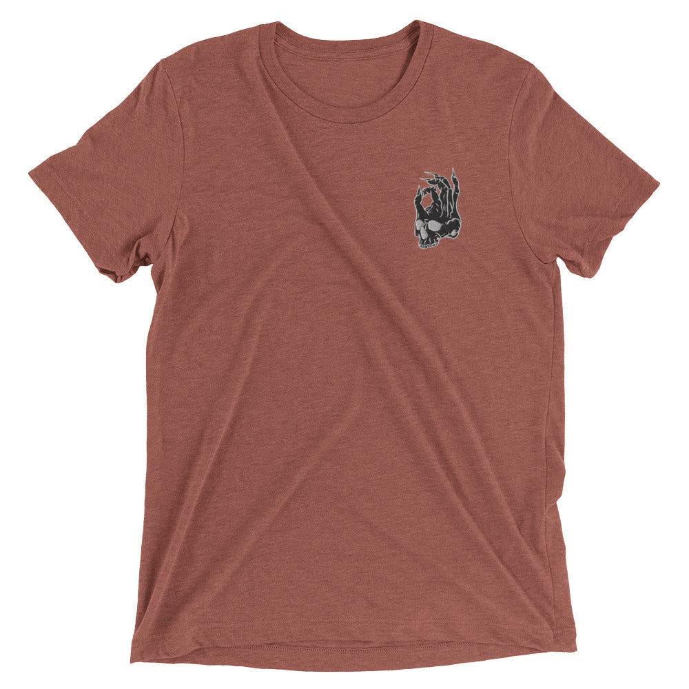 Hellbeing embroidered skull tri-blend tee in burnt orange, flat lay