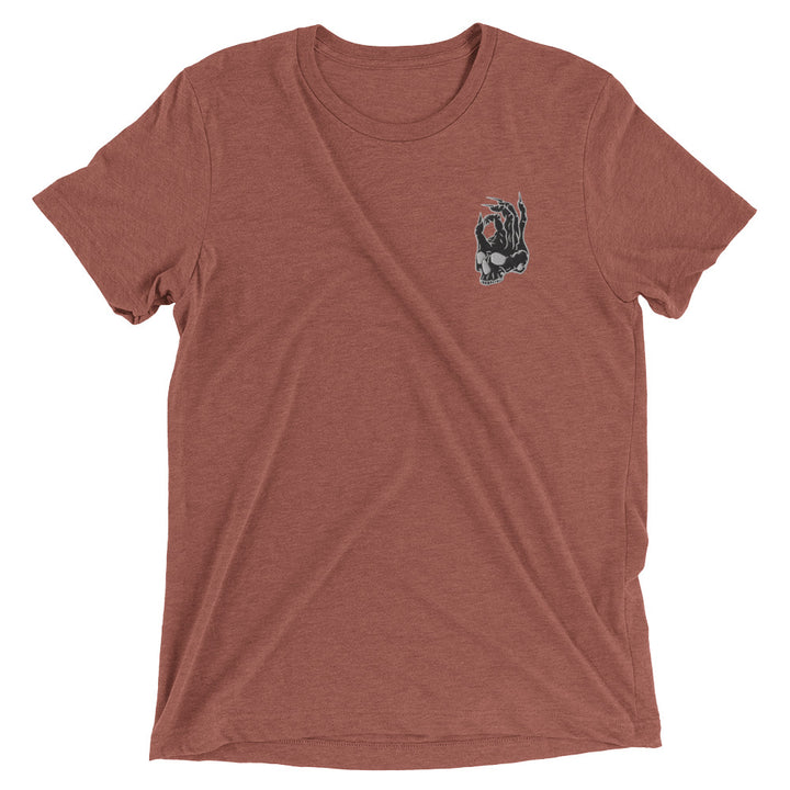 Hellbeing embroidered skull tri-blend tee in burnt orange, flat lay
