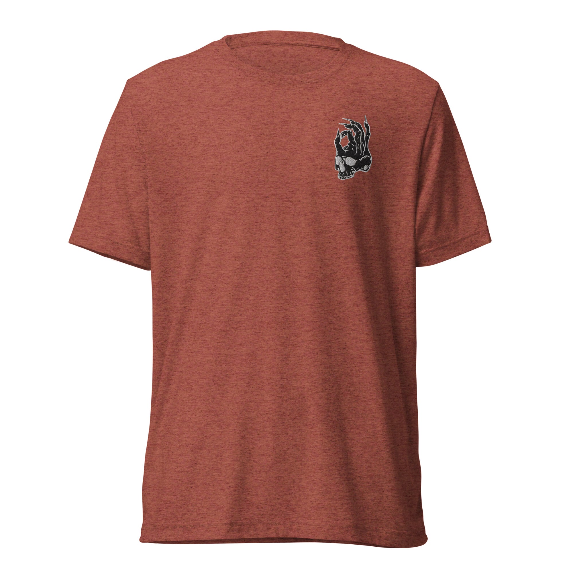 Hellbeing embroidered skull tri-blend tee in burnt orange, front view