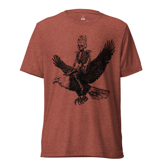 Front of Hellbeing Skeleton riding and eagle clay tri-blend t-shirt