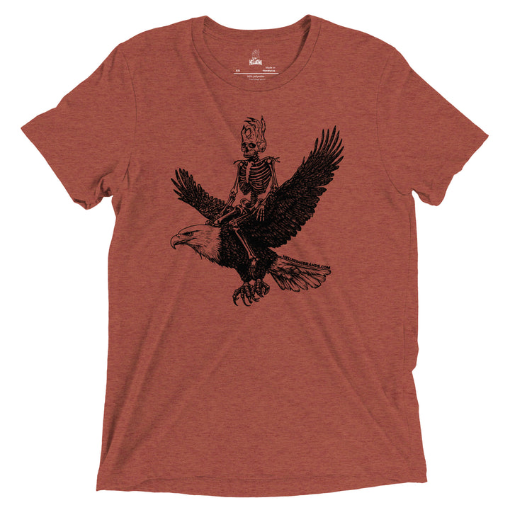 Hellbeing skeleton riding eagle tri-blend tee in clay, front design detail