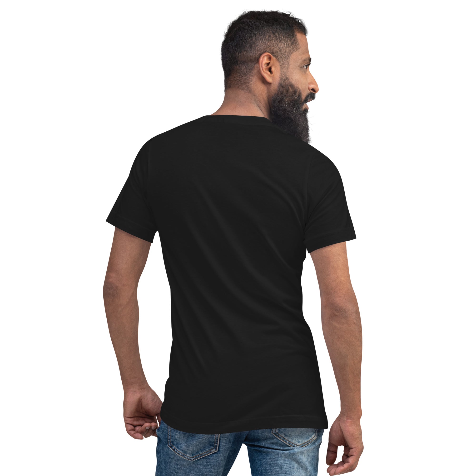 Hellbeing skull logo V-neck tee in black, back view