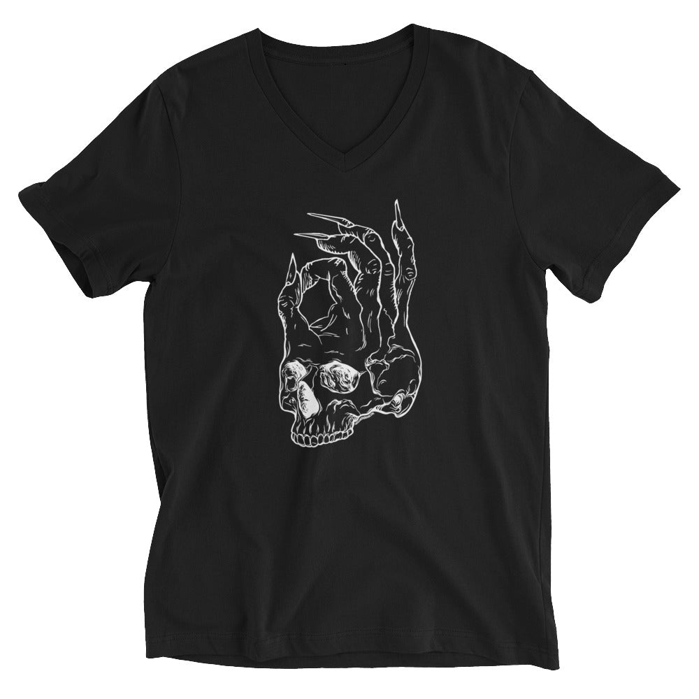 Hellbeing skull logo V-neck tee in black, flat lay front view