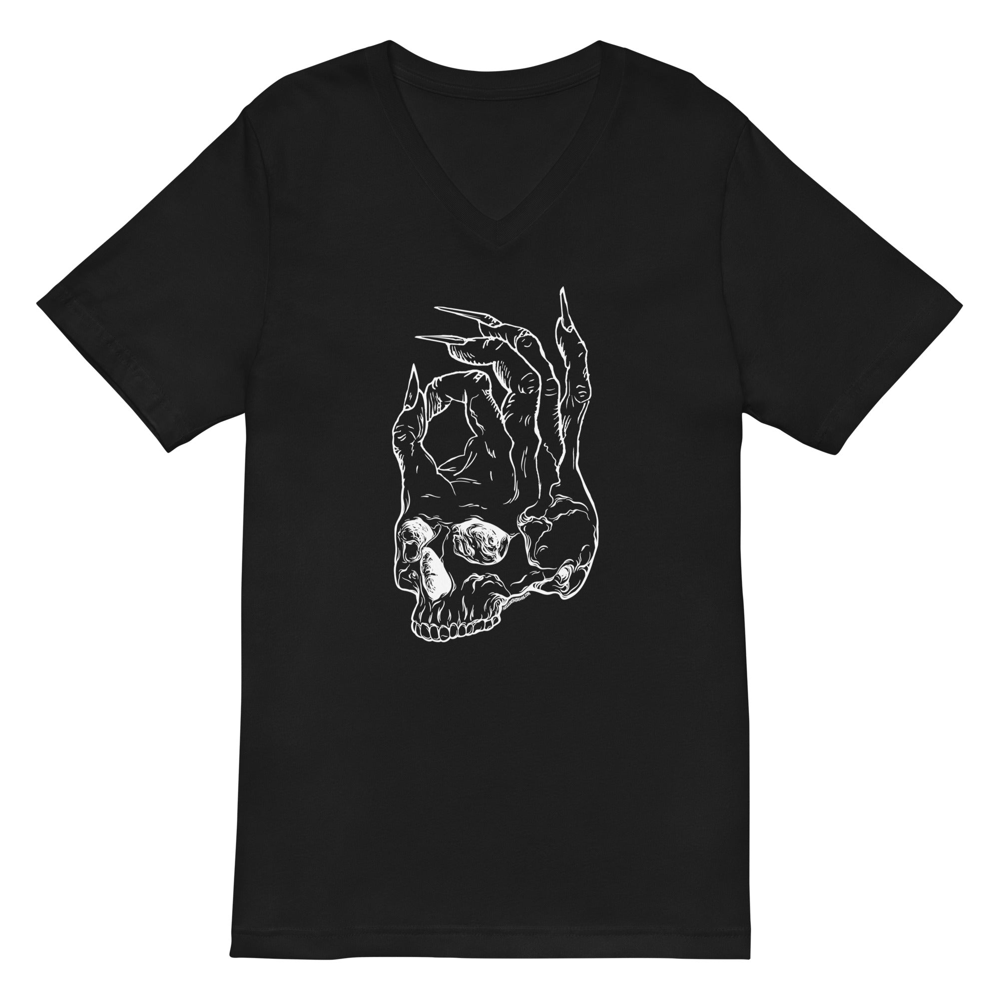 Hellbeing skull logo V-neck tee in black, front view