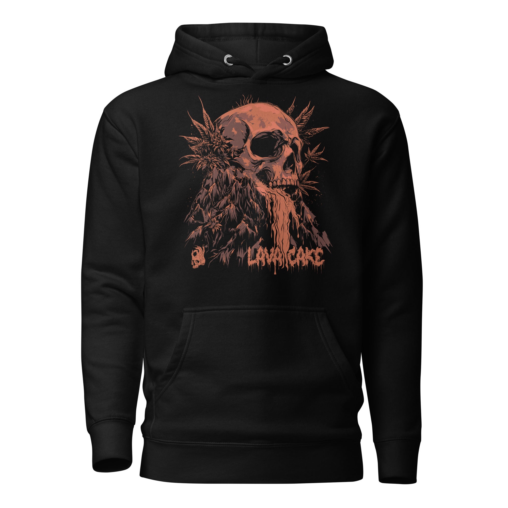 Hellbeing Lava Cake strain skull hoodie in black, front view