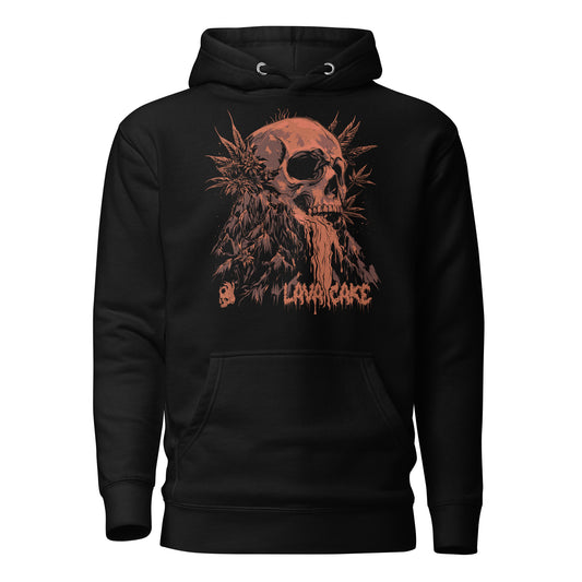 Front view of the Hellbeing cannabis Lava Cake strain unisex black hoodie
